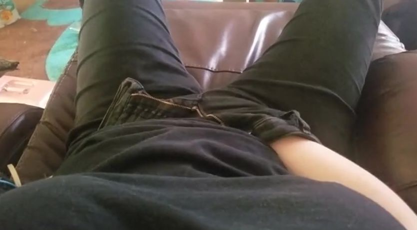 Orgasm on couch fully clothed with hand into leggings