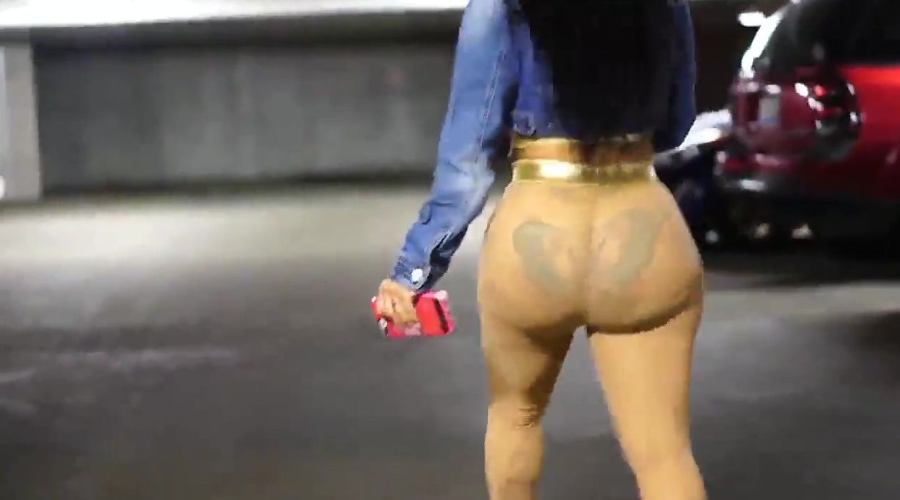 Gigantic booty black stockings walking inside parking and hotel