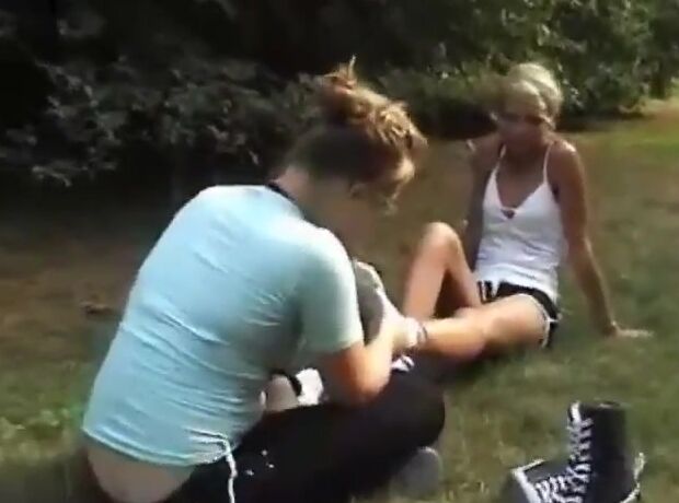 Blonde Lesbians Worshipping Foot Public