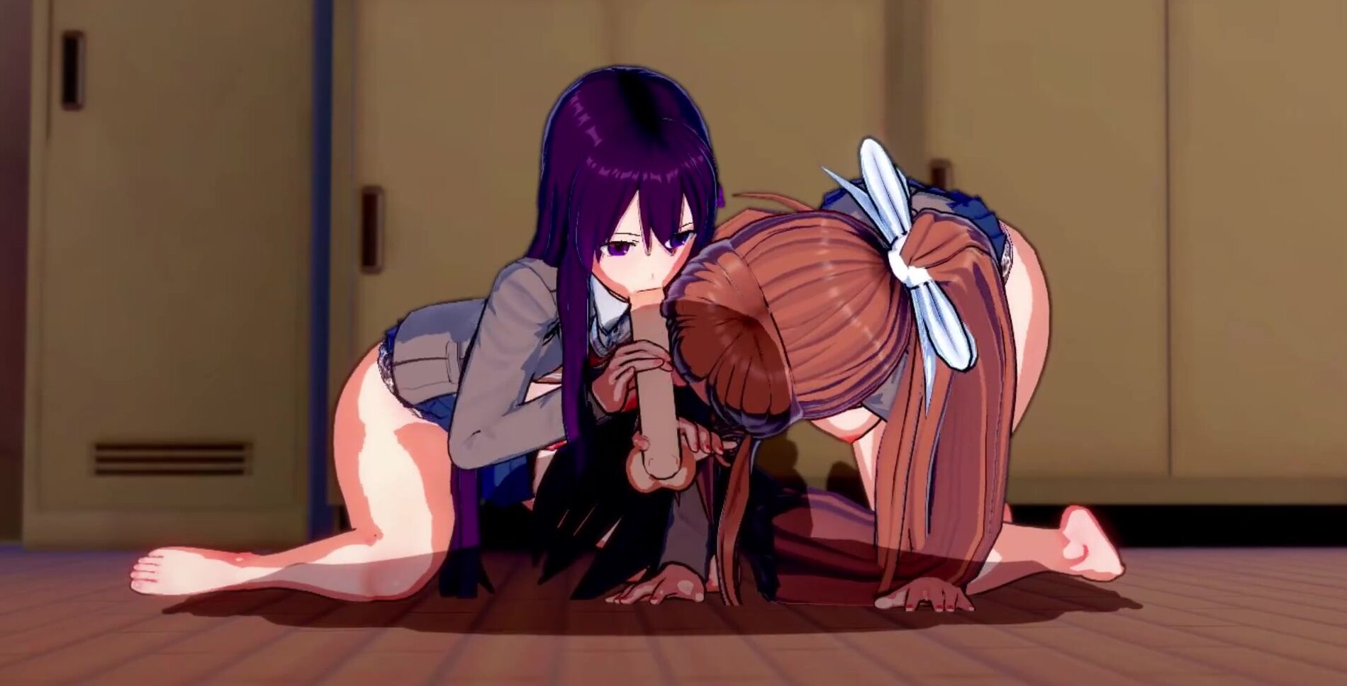 Yuri and Monika Share a Penis inside the Club! (point of view) (3D Anime) (Doki Doki Literature Club)