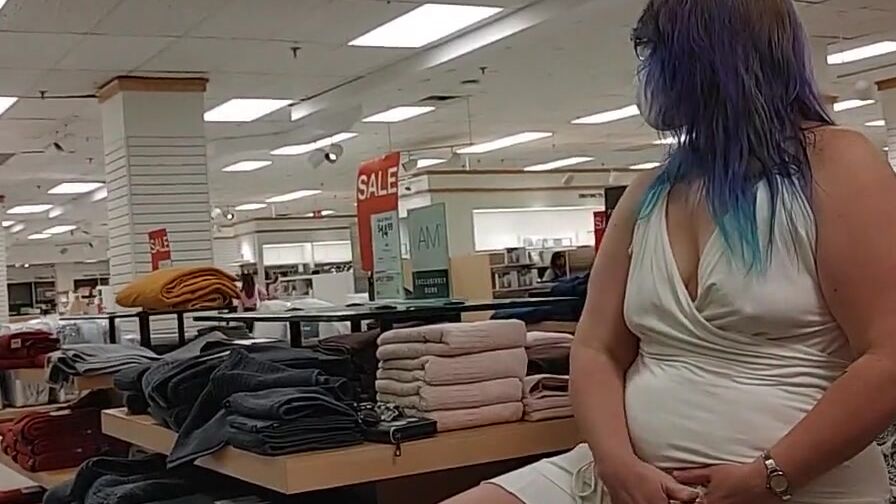 Blue Hair mom into White Mastrubates inside Busy Store