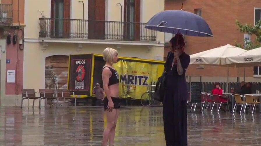 Outdoor bimbo humiliated on the street by her strict dominatrix