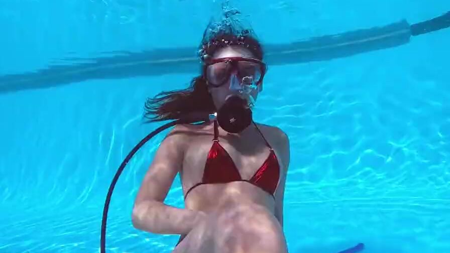 Lana Tanga into red panties masturbating underwater
