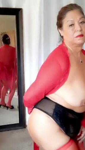 Older Hispanic old lady woman saggy breasts transparency dancing