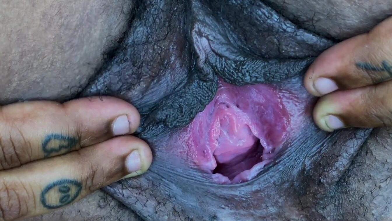 Spreading that Unshaved Black Vagina WIDE OPEN !!!