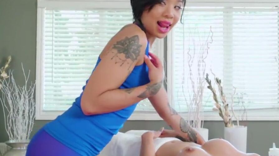 Inked chinese masseuse joins lovers for pussyfucking