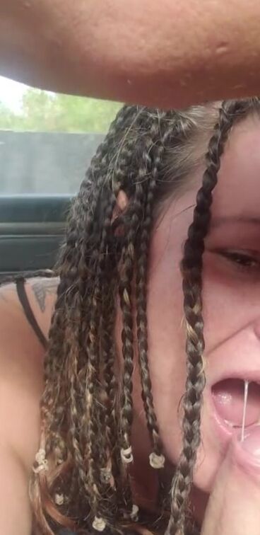 Freckled braided pawg give daddy road fellatio and getting interrupted by sext from her boy vibrator