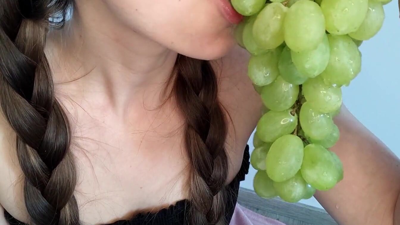 bimbos blowing on juicy grapes ASMR food bondage