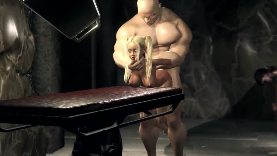 19 Year Old blonde sex sub getting screwed by a huge monster inside the dark dungeon