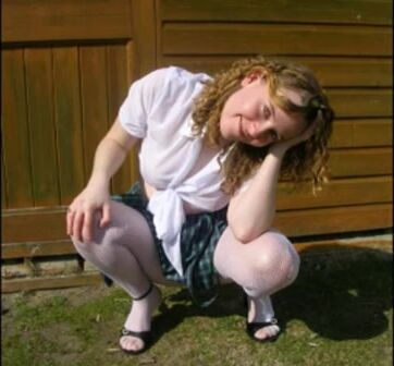 Haley into School Uniform and Fishnet Stockings Outdoor