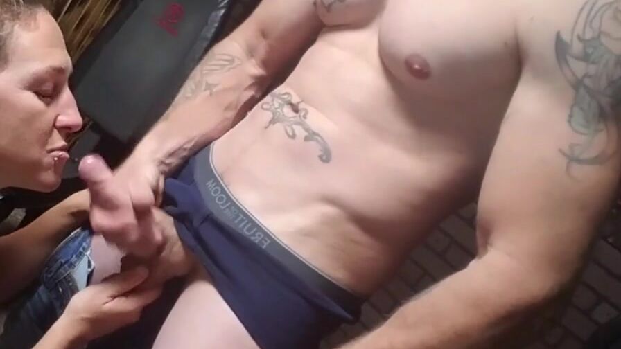 Smoking a cigarette after blonde deepthroats his dick and getting mouthful of thick creamy cum