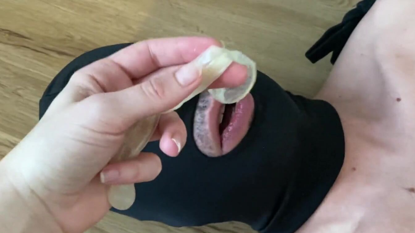 my chastity sissy BF swallow bull's cum from condom and foot