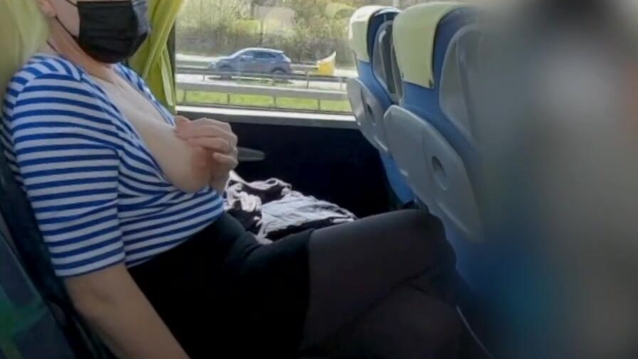 Outdoor bus risky crossed legs masturbation to orgasm