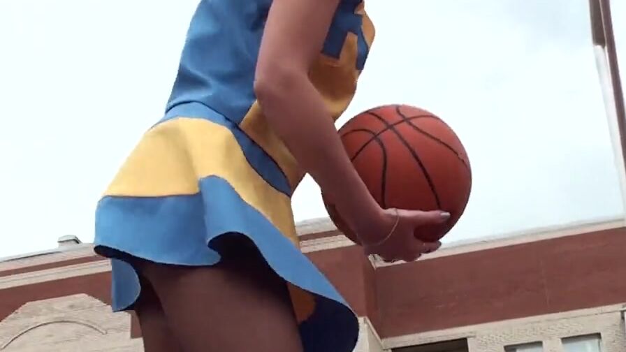 Lorine into Cheerleader Uniform and Tights Shooting Ball and Flashing