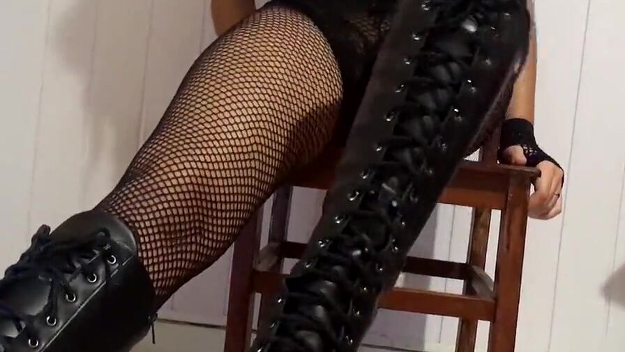 Leather boots, fishnet tights, african underwear, turf job cum inside panties