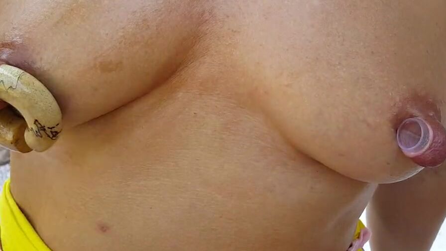 nippleringlover turned on cougar inserting gigantic nipple rings insane spread nipple