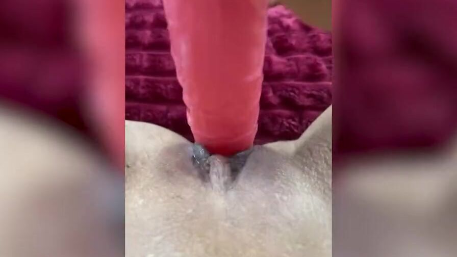 Close-up masturbation with huge pink sex toy and powerful pink dildo