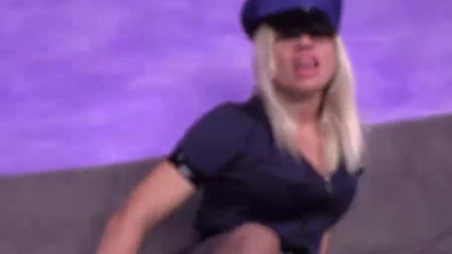 Blonde cop blows her own foot after taking fishnets off