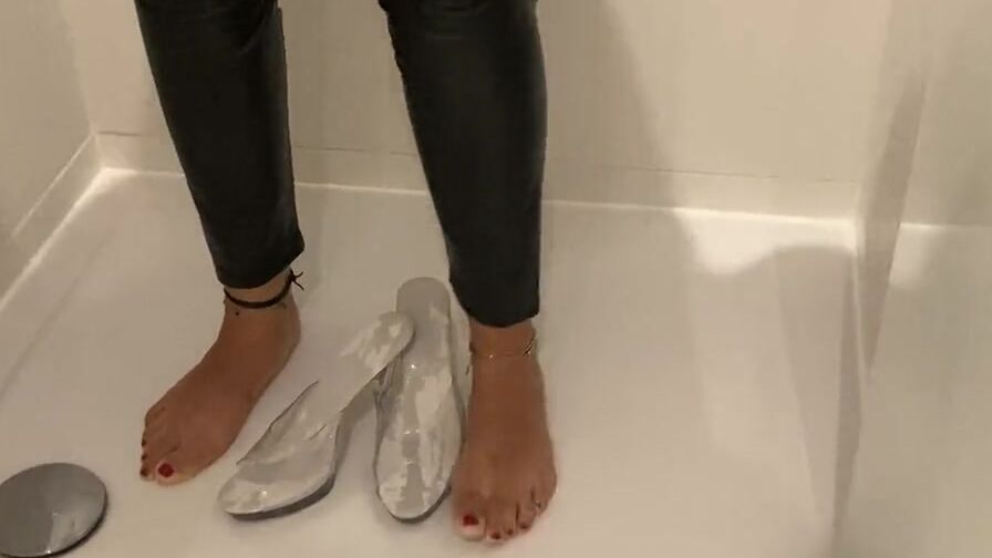 Peeing and cum on clear high heel mules